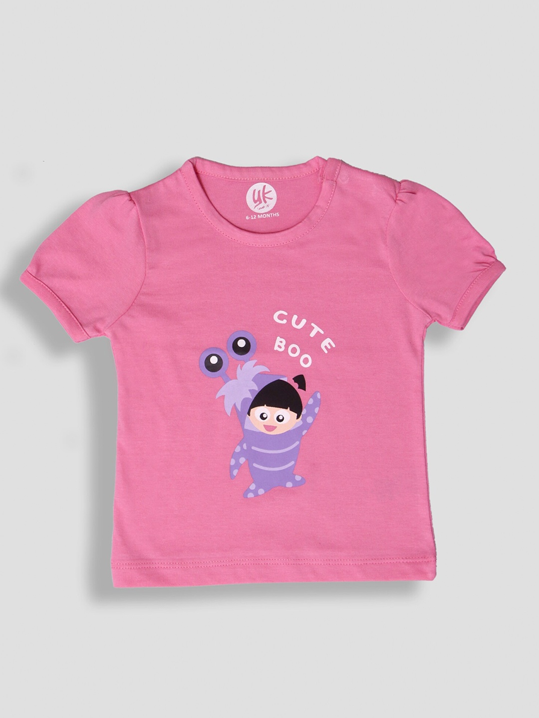 

YK Baby Infant Girls Pink & Violet Disney Monter Inc Printed Puff Sleeves Cotton T-shirt