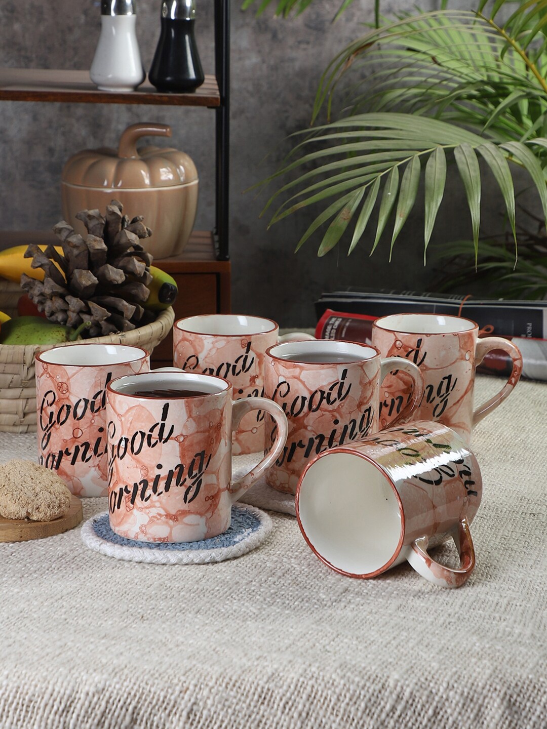 

CDI 7 Pieces Dishwasher And Microwave Safe Printed Ceramic Matte Mugs With Wooden Tray, Orange