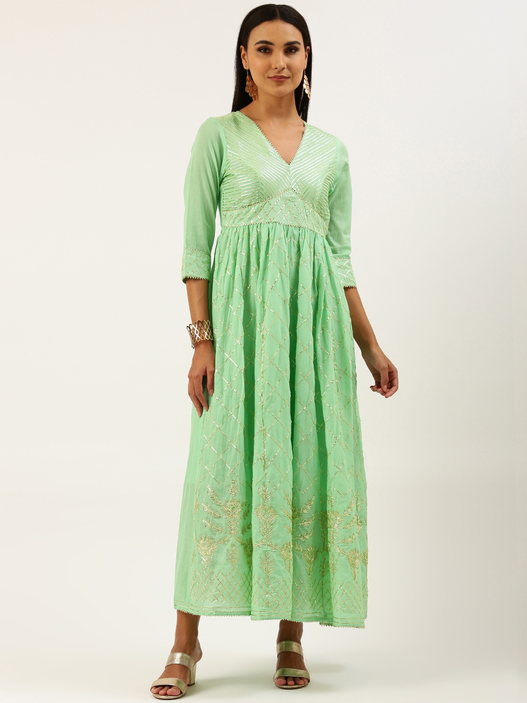 

HEEPOSH Green & Golden Cotton Sequinned Ethnic A-Line Maxi Dress