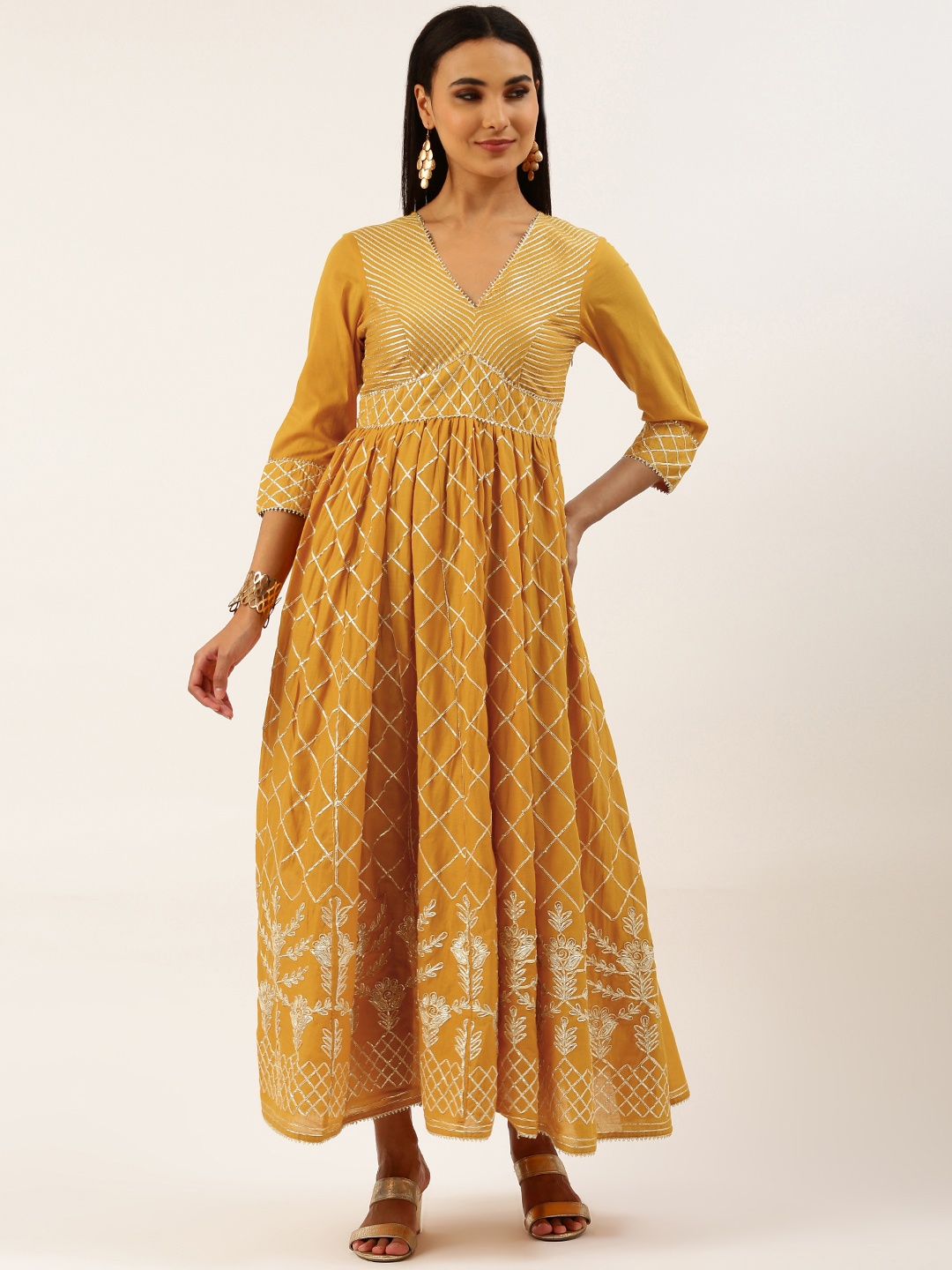 

HEEPOSH Mustard Yellow & Golden Cotton Sequinned Ethnic A-Line Maxi Dress