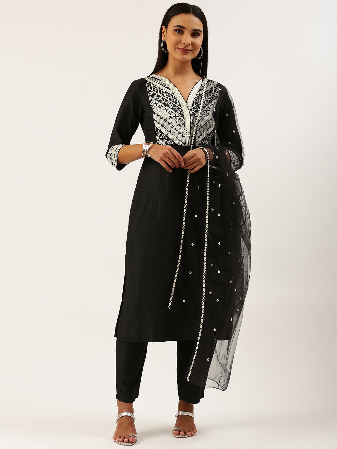 

HEEPOSH Women Black Embroidered Mirror Work Kurta with Trousers & Dupatta
