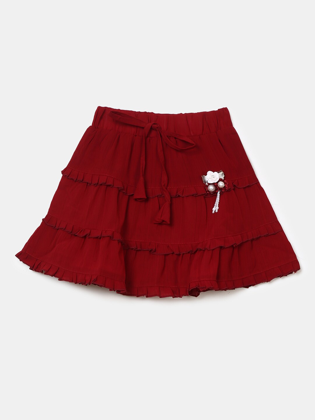 

V-Mart Girls Maroon Solid Tiered Skirt