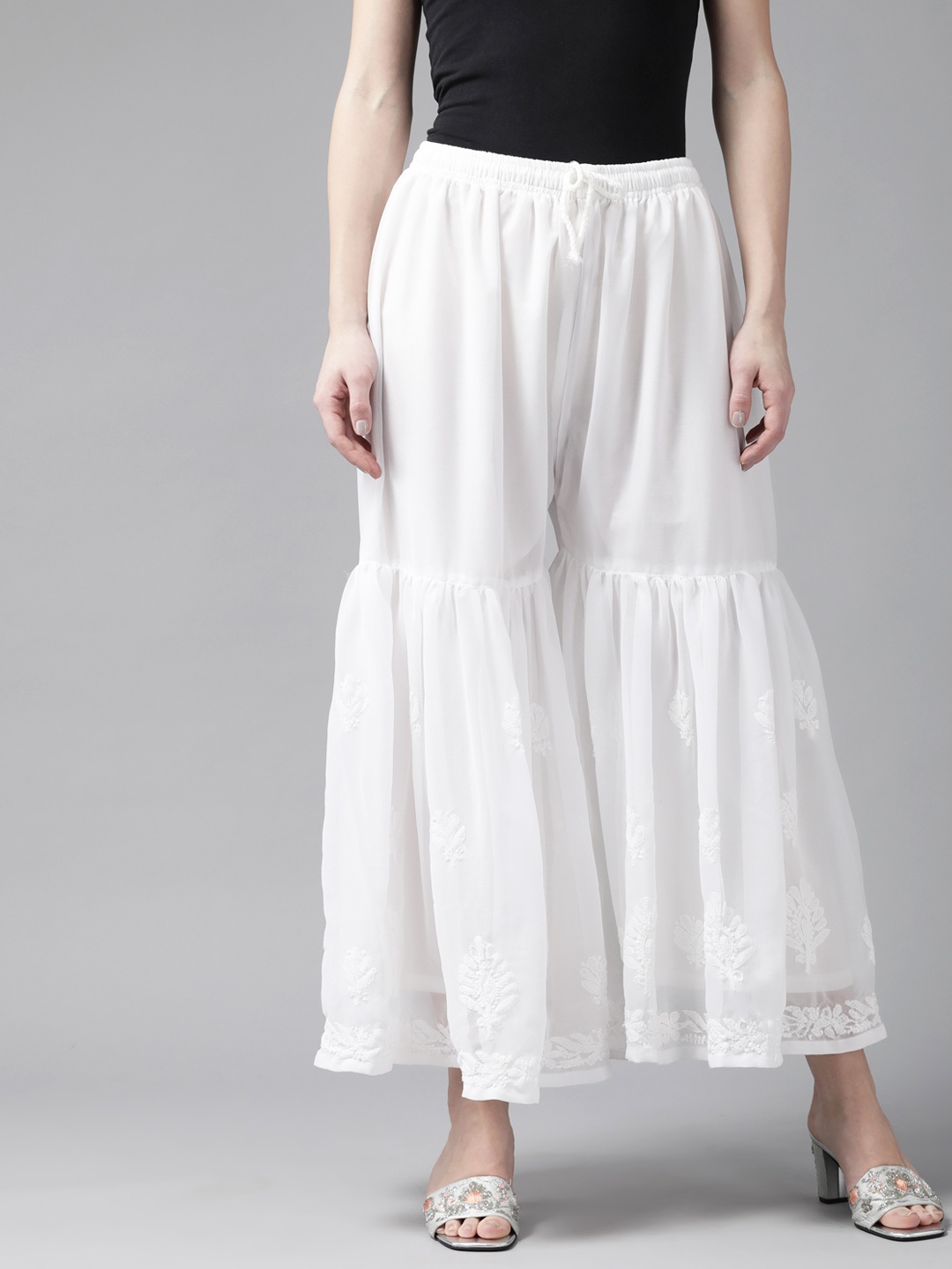 

ADA Women White Chikankari Hand Embroidered Garara