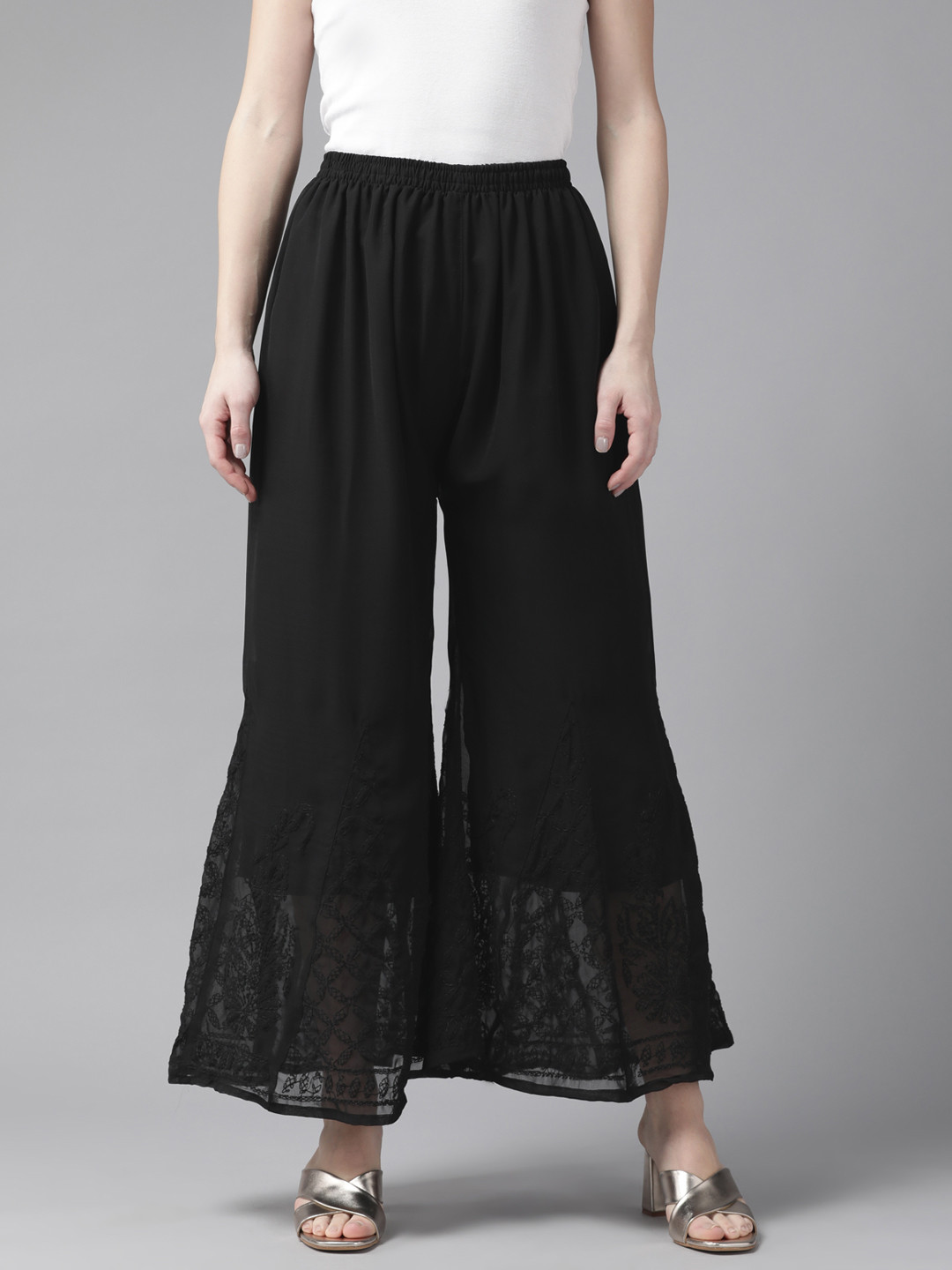 

ADA Women Black Chikankari Hand Embroidered Garara