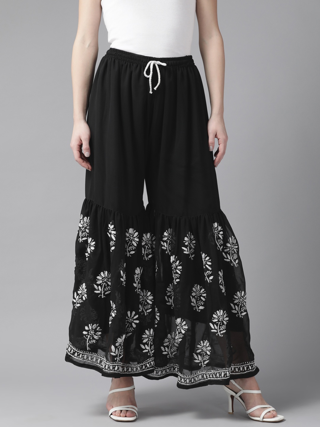 

ADA Women Black & White Chikankari Flared Georgette Ethnic Sharara