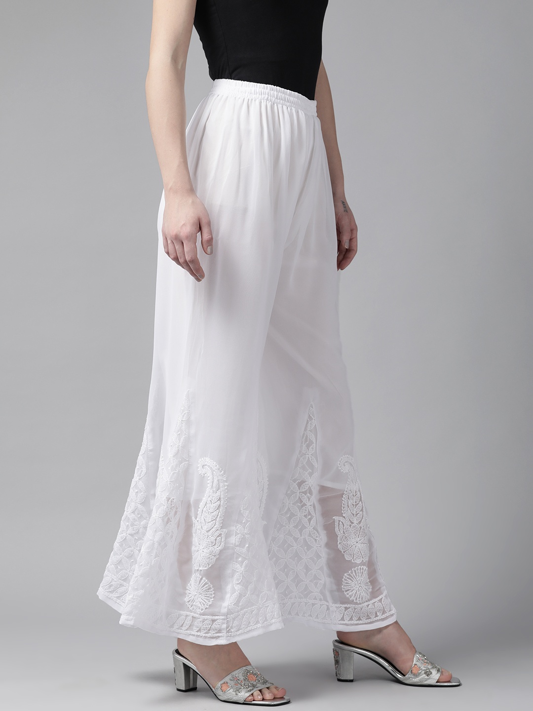 

ADA Women White Chikankari Flared Georgette Ethnic Palazzos