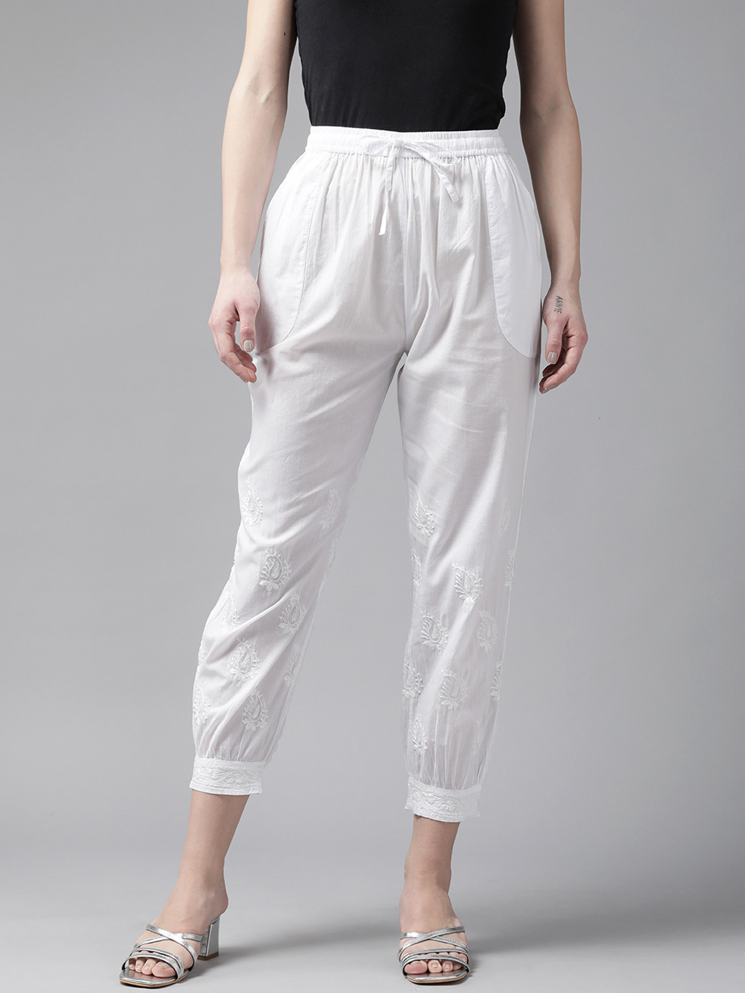 

ADA Women White Chikankari Pleated Ethnic Trousers