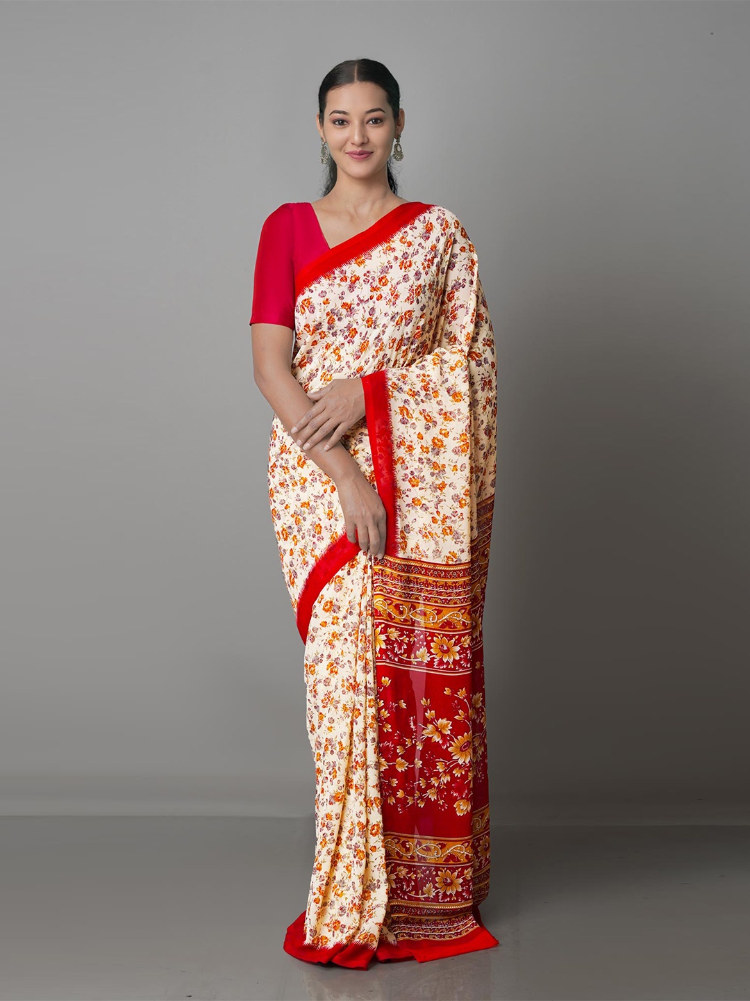 

Unnati Silks Cream-Coloured & Red Floral Bhagalpuri Saree