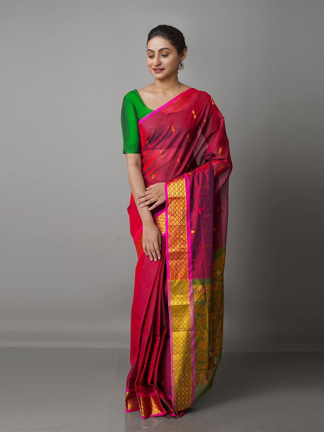 

Unnati Silks Burgundy & Green Woven Design Zari Pure Cotton Gadwal Saree