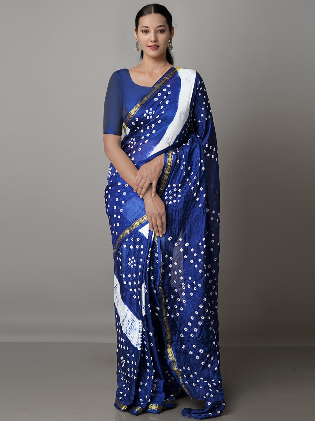 

Unnati Silks Navy Blue & White Bandhani Zari Silk Saree