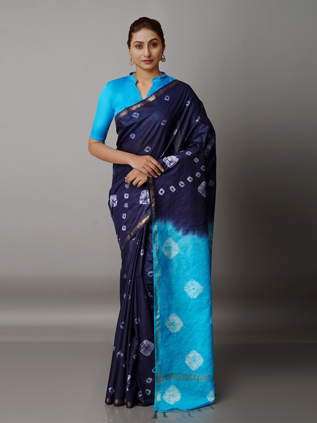 

Unnati Silks Navy Blue & Blue Bandhani Zari Silk Cotton Chanderi Saree