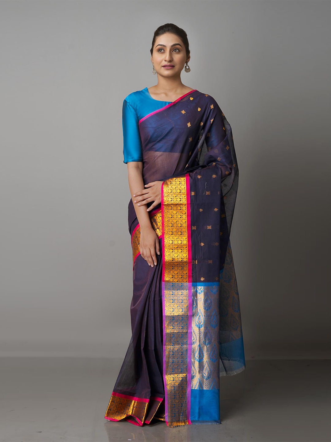 

Unnati Silks Navy Blue & Blue Ethnic Motifs Zari Pure Cotton Gadwal Saree