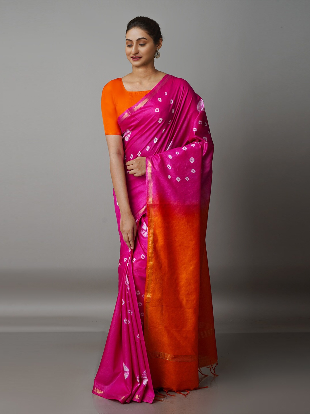 

Unnati Silks Pink & Orange Bandhani Zari Silk Cotton Bandhani Saree