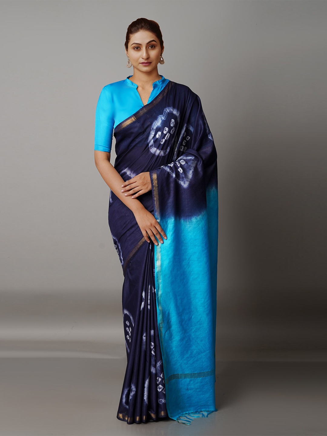 

Unnati Silks Navy Blue & Blue Bandhani Zari Silk Cotton Chanderi Saree