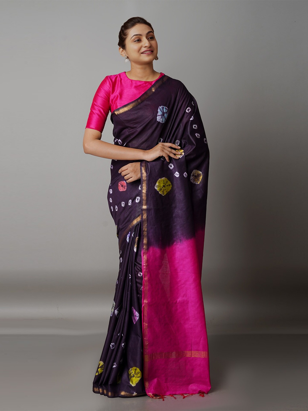 

Unnati Silks Purple & Pink Bandhani Zari Silk Cotton Chanderi Saree