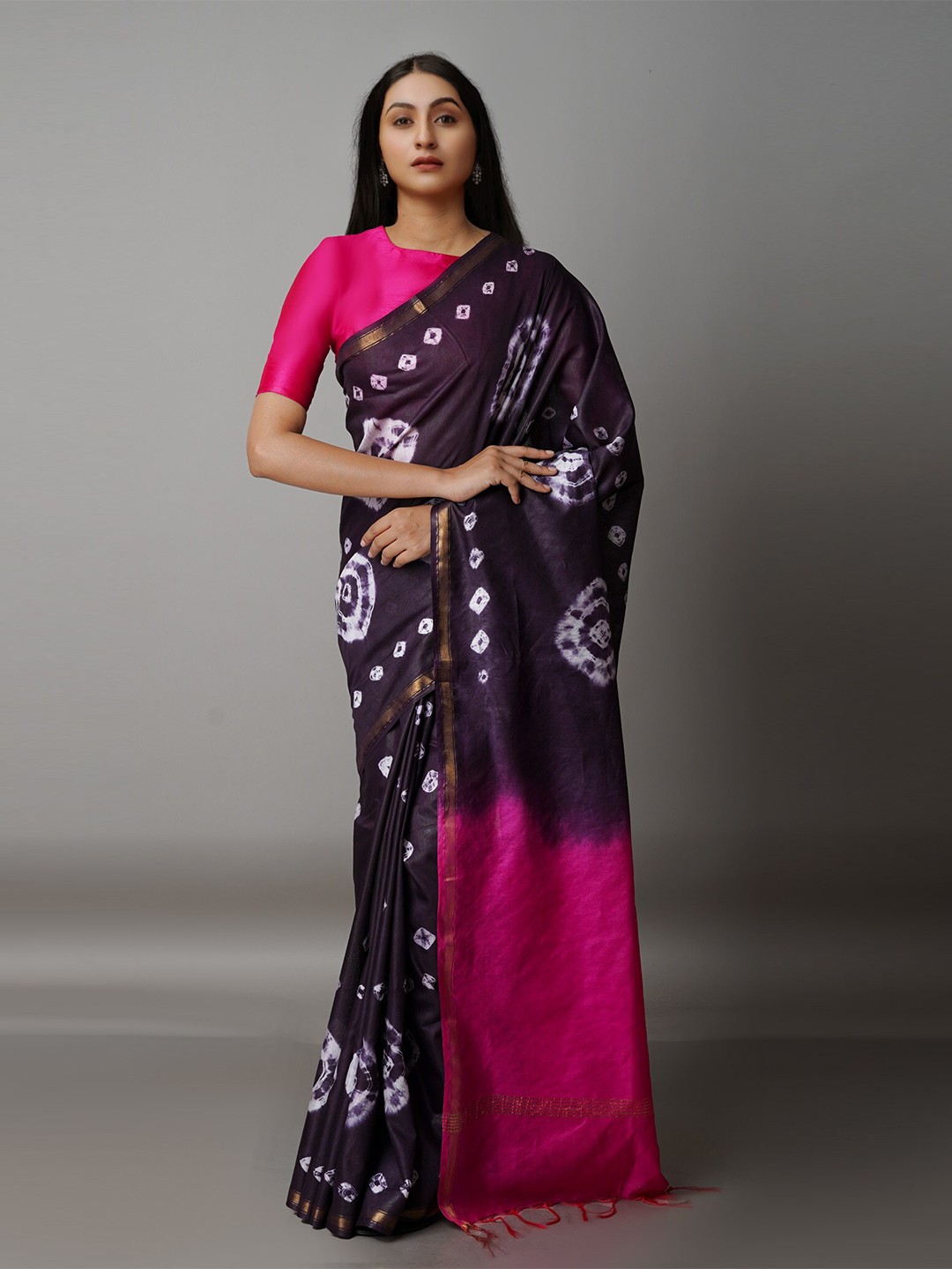 

Unnati Silks Purple & Pink Bandhani Zari Silk Cotton Chanderi Saree