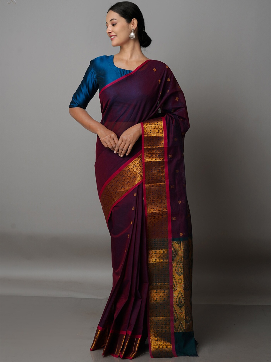 

Unnati Silks Burgundy Ethnic Motifs Zari Pure Cotton Gadwal Saree