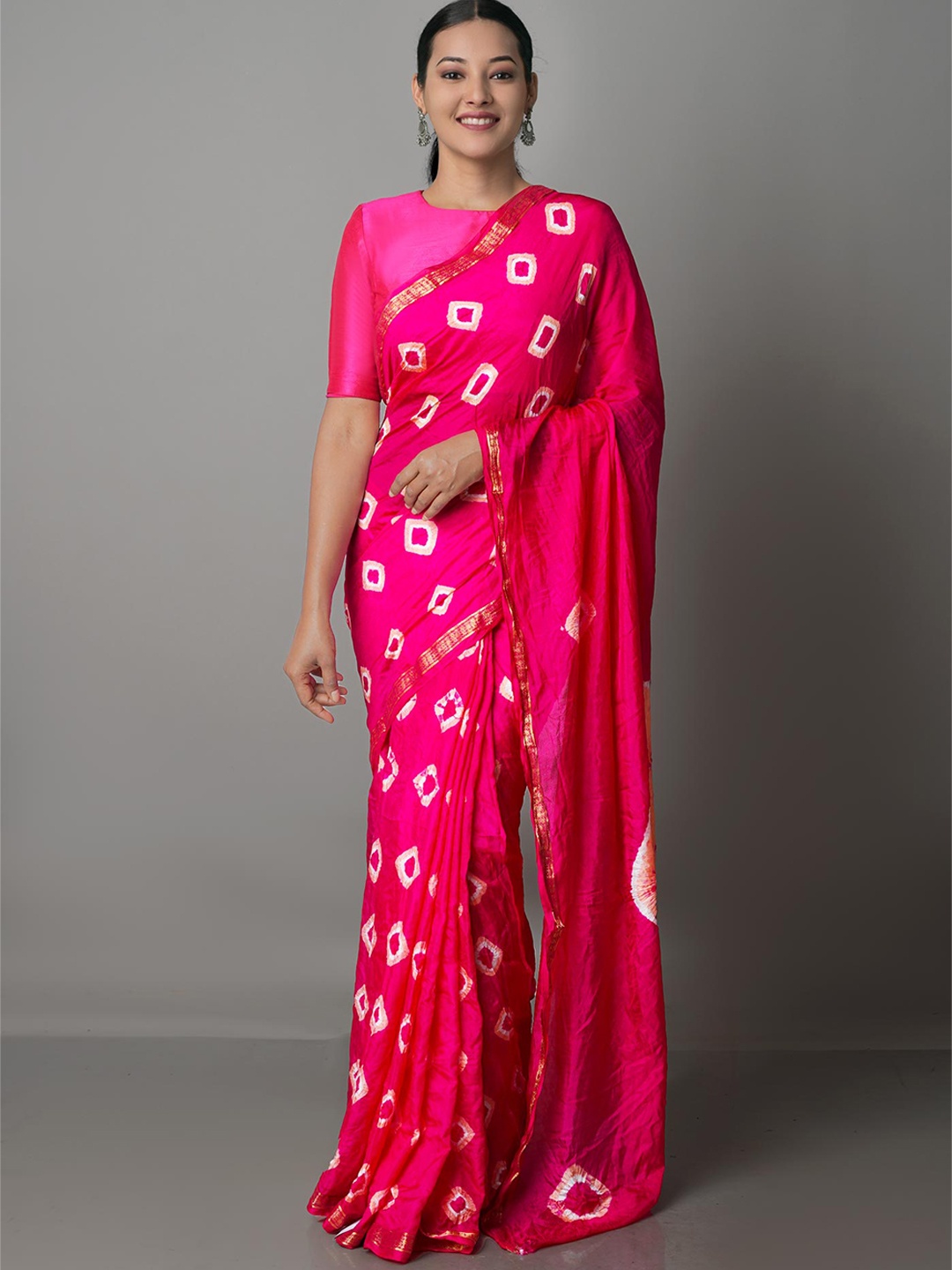 

Unnati Silks Pink Bandhani Zari Silk Bandhani Saree