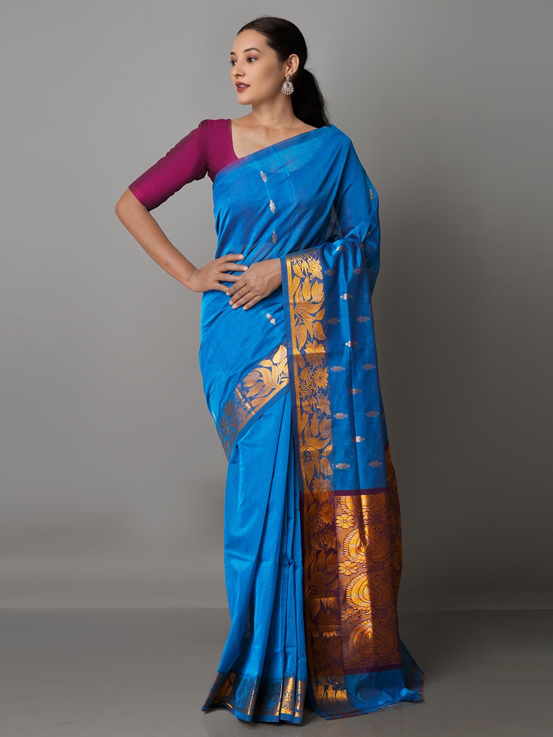 

Unnati Silks Blue & Gold-Toned Ethnic Motifs Zari Pure Cotton Gadwal Saree