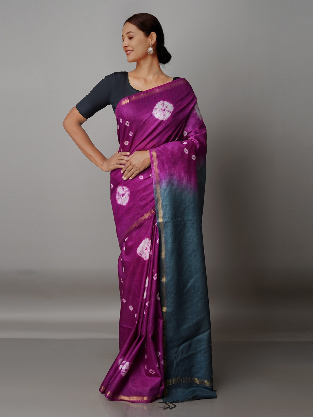 

Unnati Silks Purple & Grey Bandhani Zari Silk Cotton Chanderi Saree