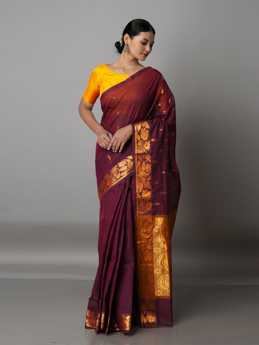 

Unnati Silks Brown Ethnic Motifs Zari Pure Cotton Gadwal Saree