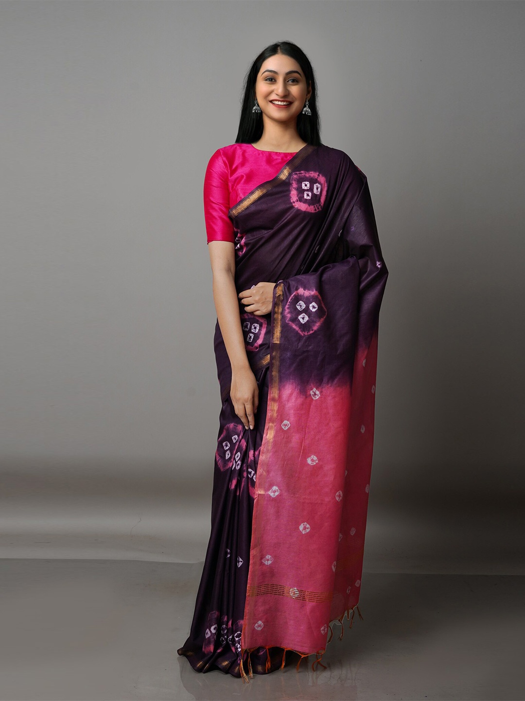 

Unnati Silks Brown & Pink Bandhani Zari Silk Cotton Chanderi Saree