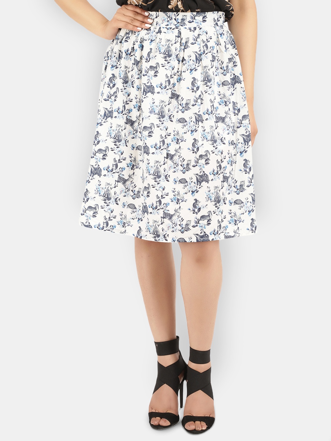 

V-Mart Women Navy Blue & White Animal Printed Knee-Length Cotton A-Line Skirt