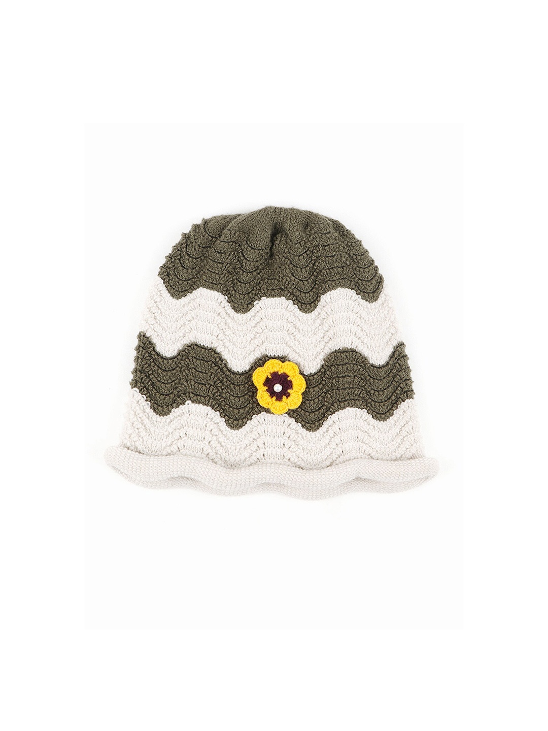 

Bharatasya Girls Olive Green & Cream-Coloured Colourblocked Acrylic Beanie