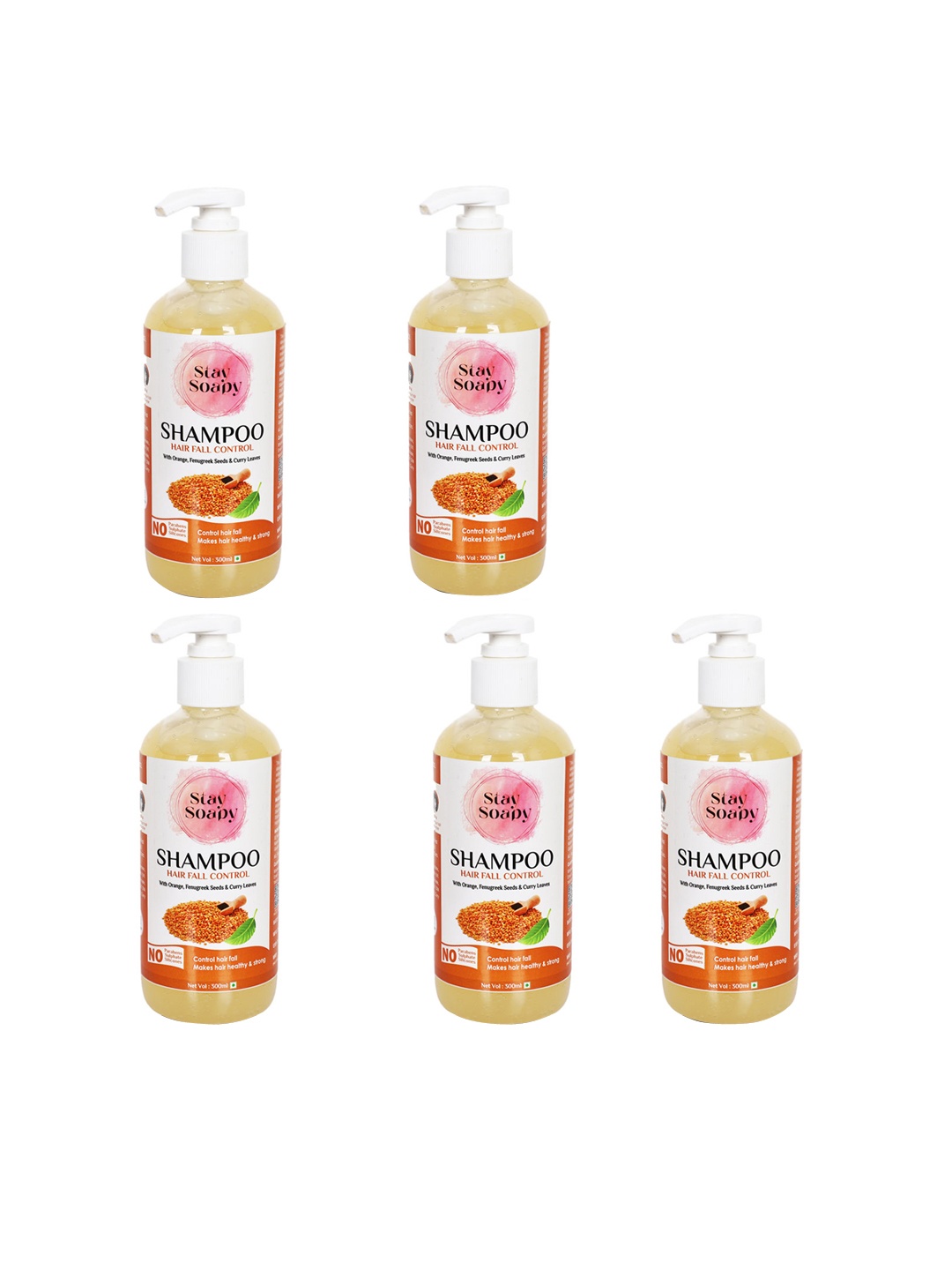 

Stay Soapy Set Of 5 Orange Fenugreek Seeds Curry Leaves Hair Fall Control Shampoo 1500ml, Brown