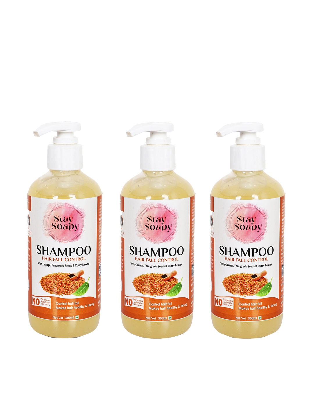 

Stay Soapy Set Of 3 Orange Fenugreek Seeds Curry Leaves Hair Fall Control Shampoo 900ml, Brown