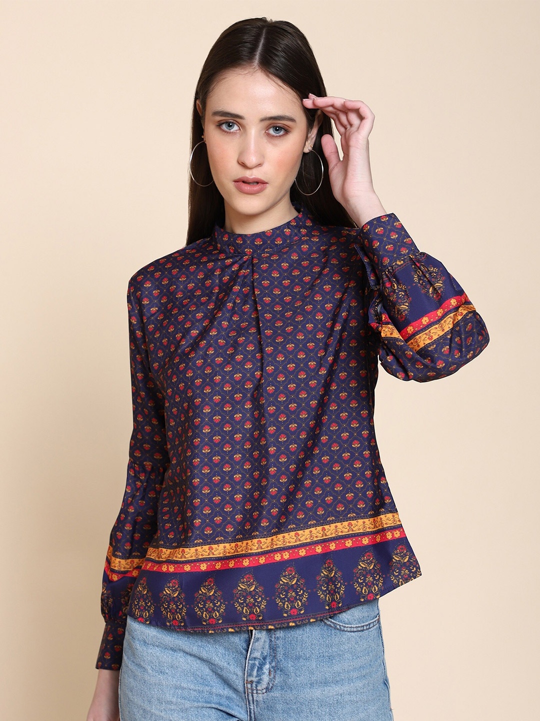 

ARPORA Navy Blue & Purple Print Crepe Top