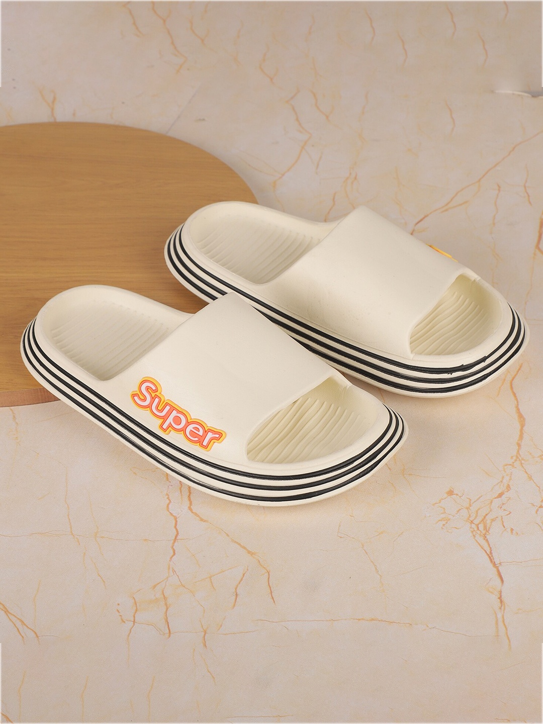 

FEETWELL SHOES Unisex Kids Beige & Black Striped Rubber Sliders