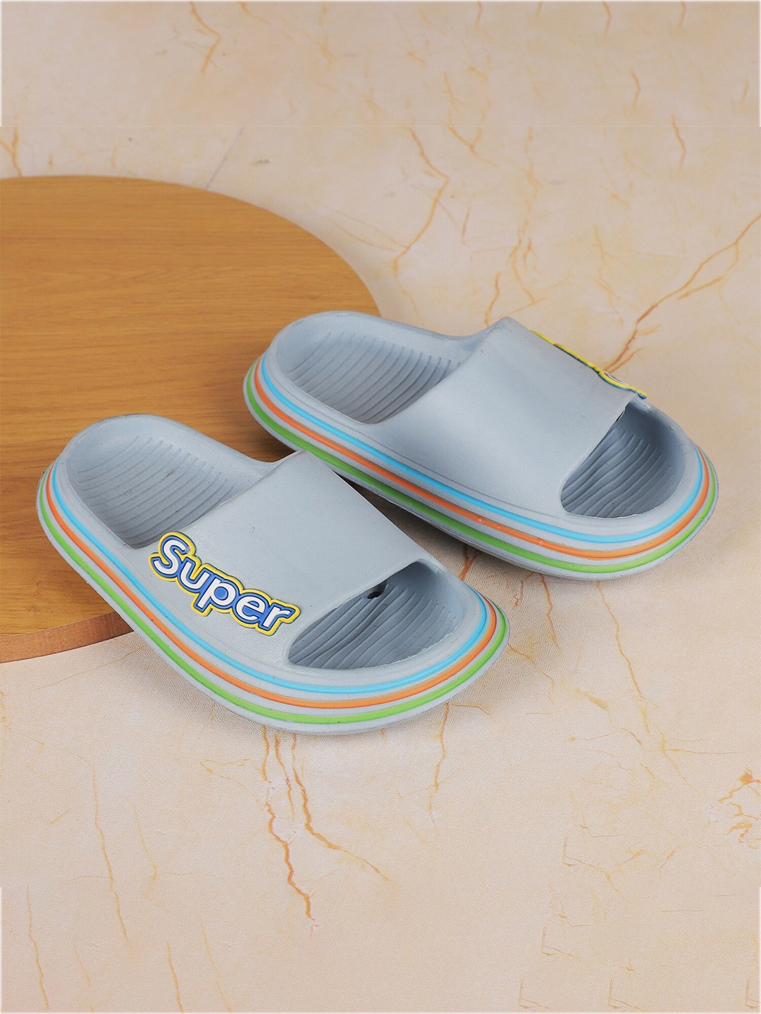 

FEETWELL SHOES Unisex Kids Blue & Green Striped Rubber Sliders