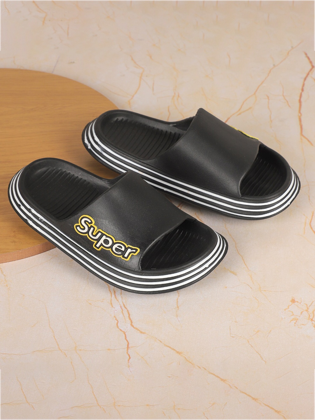 

FEETWELL SHOES Unisex Kids Black & White Striped Rubber Sliders