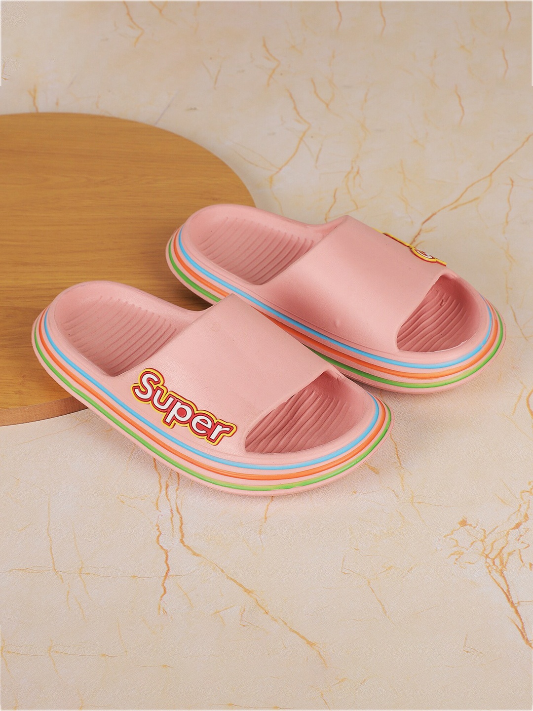 

FEETWELL SHOES Unisex Kids Pink & Green Striped Rubber Sliders