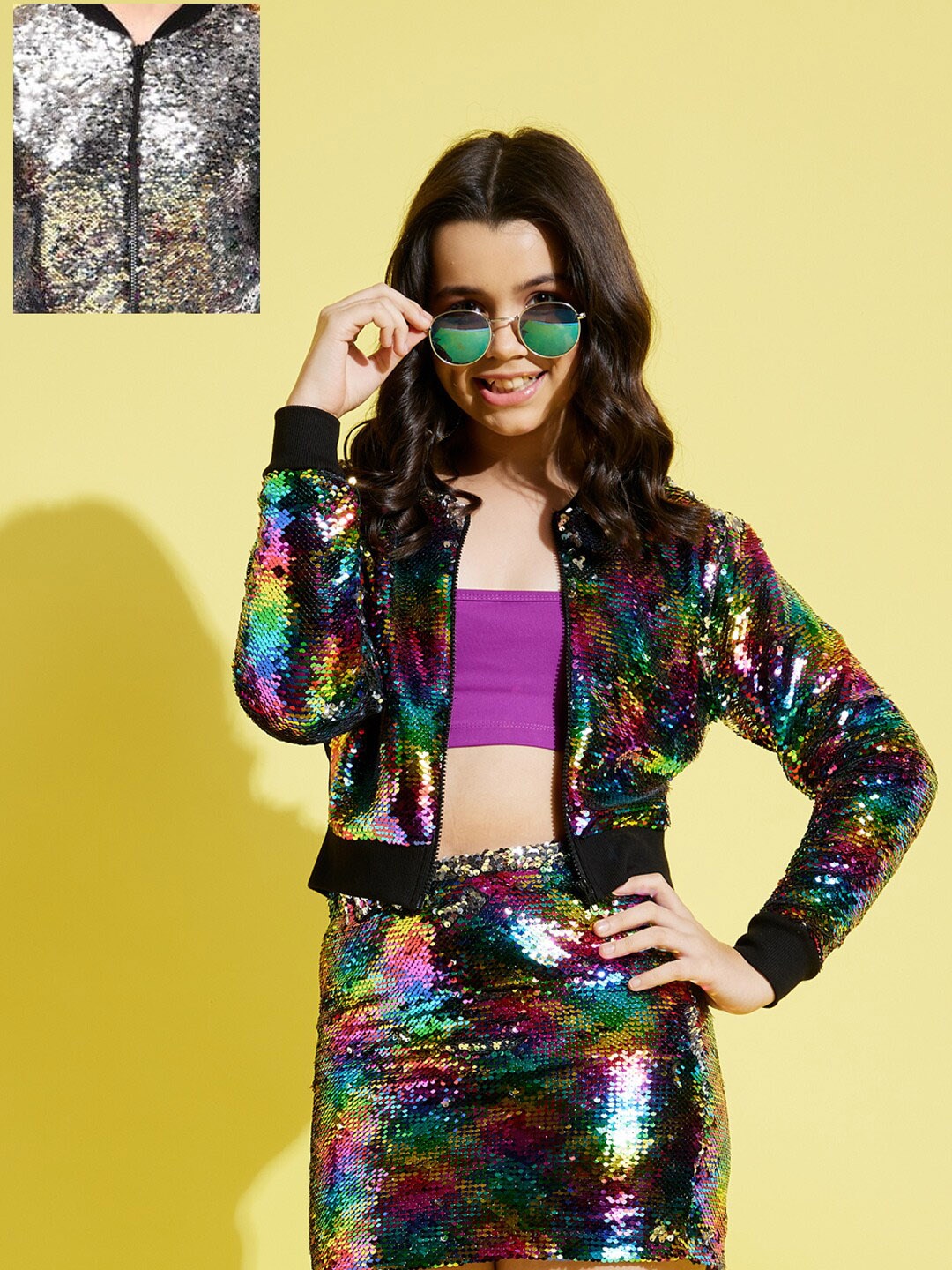 

Noh Voh - SASSAFRAS Kids Girls Multicoloured Sequin Embellished Crop Bomber Jacket, Multi