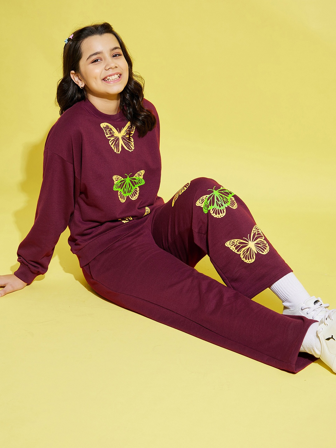 

Noh Voh - SASSAFRAS Kids Girls Maroon & Yellow Printed Sweatshirt With Track Pant