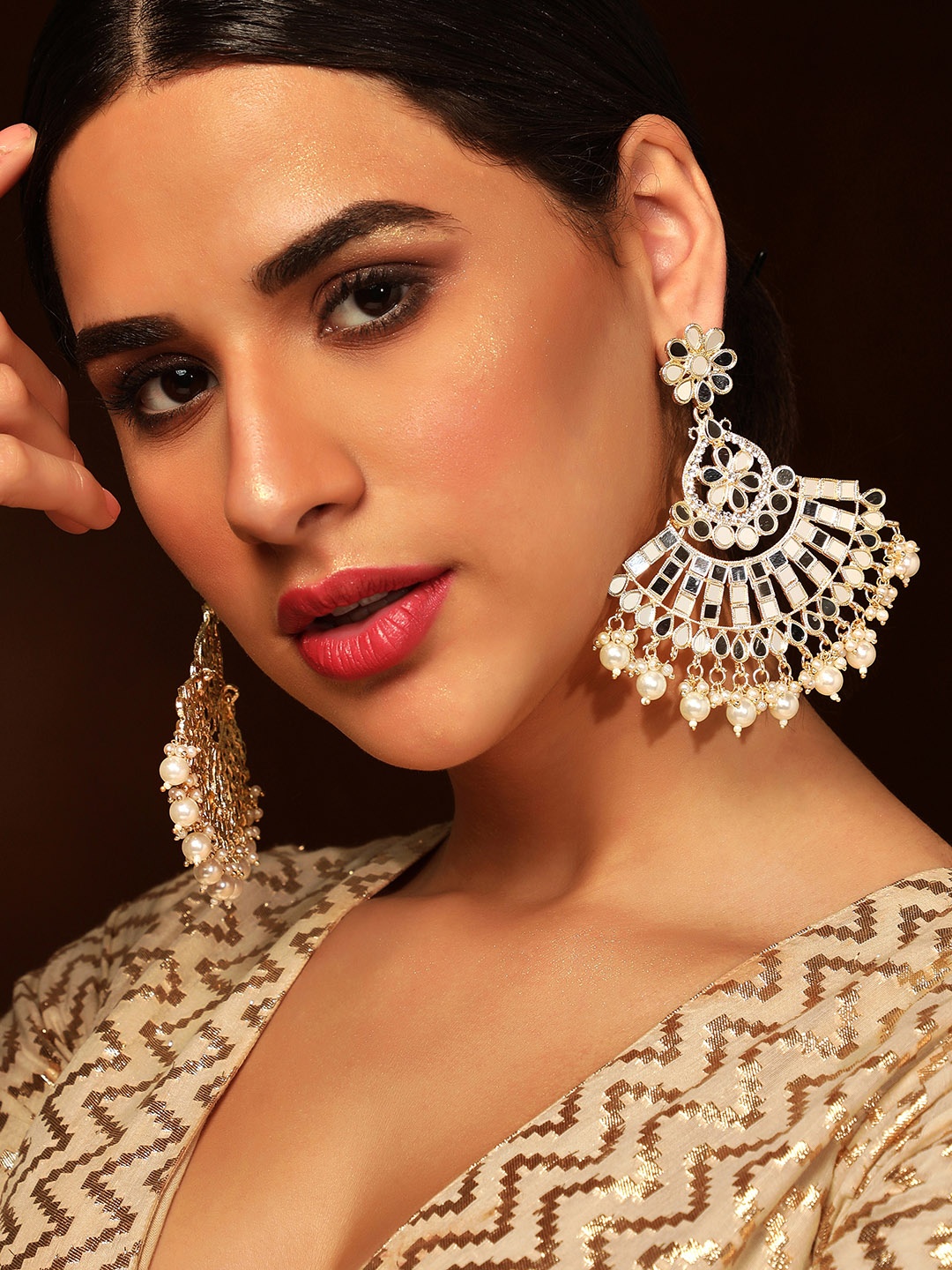 

Rubans Gold-Toned Crescent Shaped Mirror Work Drop Earrings