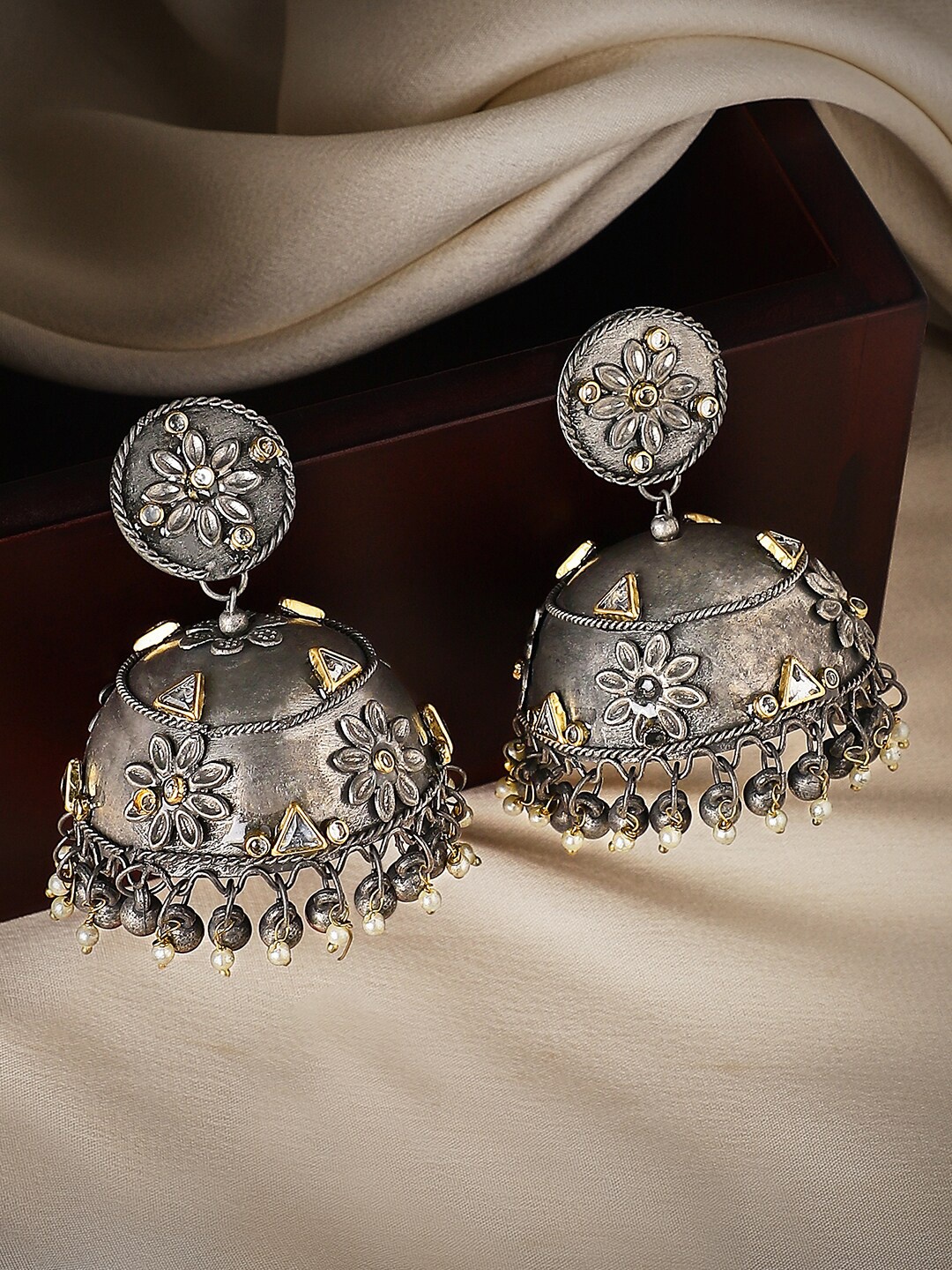 

Rubans Silver-Plated Gold-Toned Dome Shaped Jhumkas Earrings