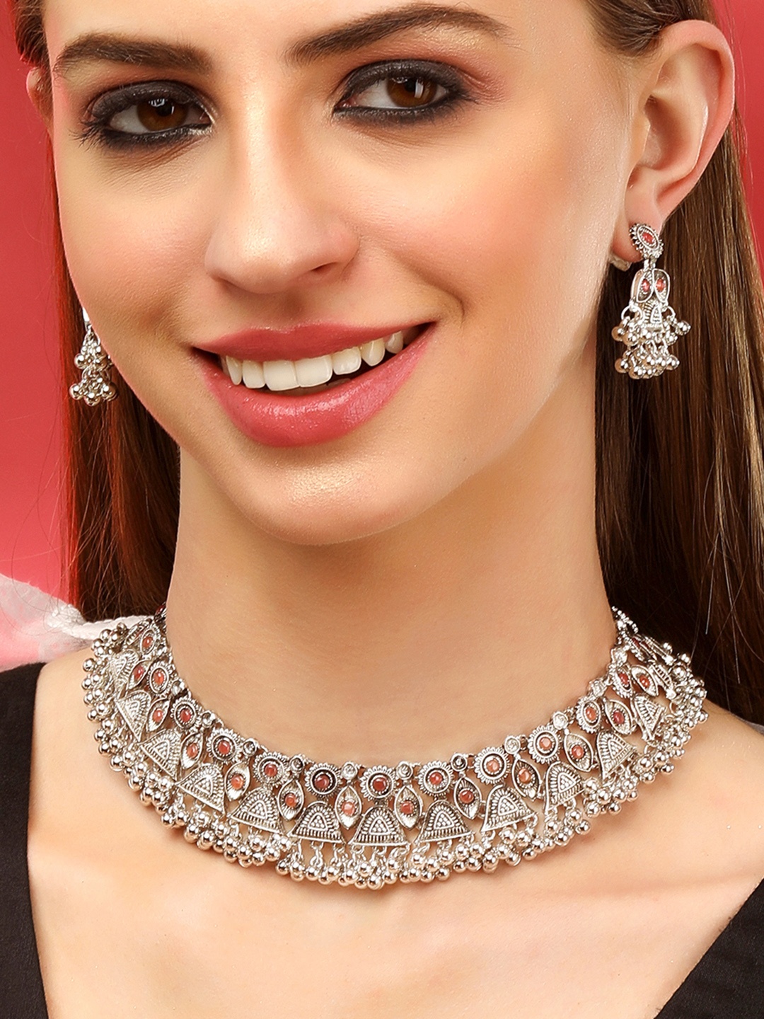 

Rubans Brown Stone-Studded Oxidised Silver-Plated Jewellery Set