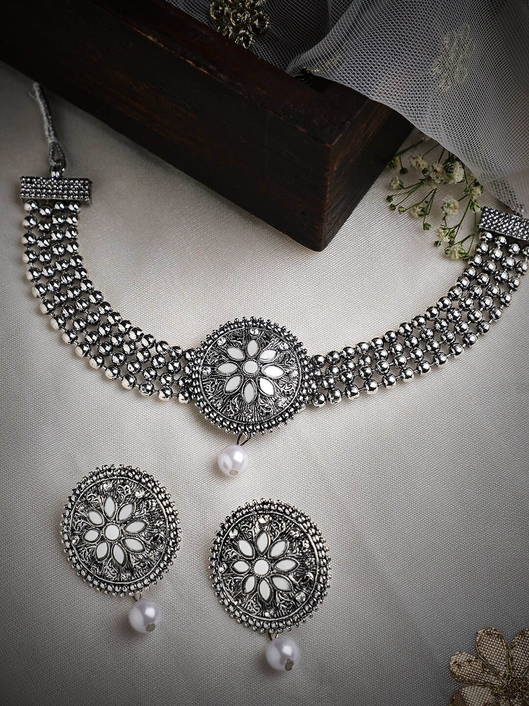 

Rubans Oxidised Silver-Plated White Mirror-Studded & Beaded Jewellery Set