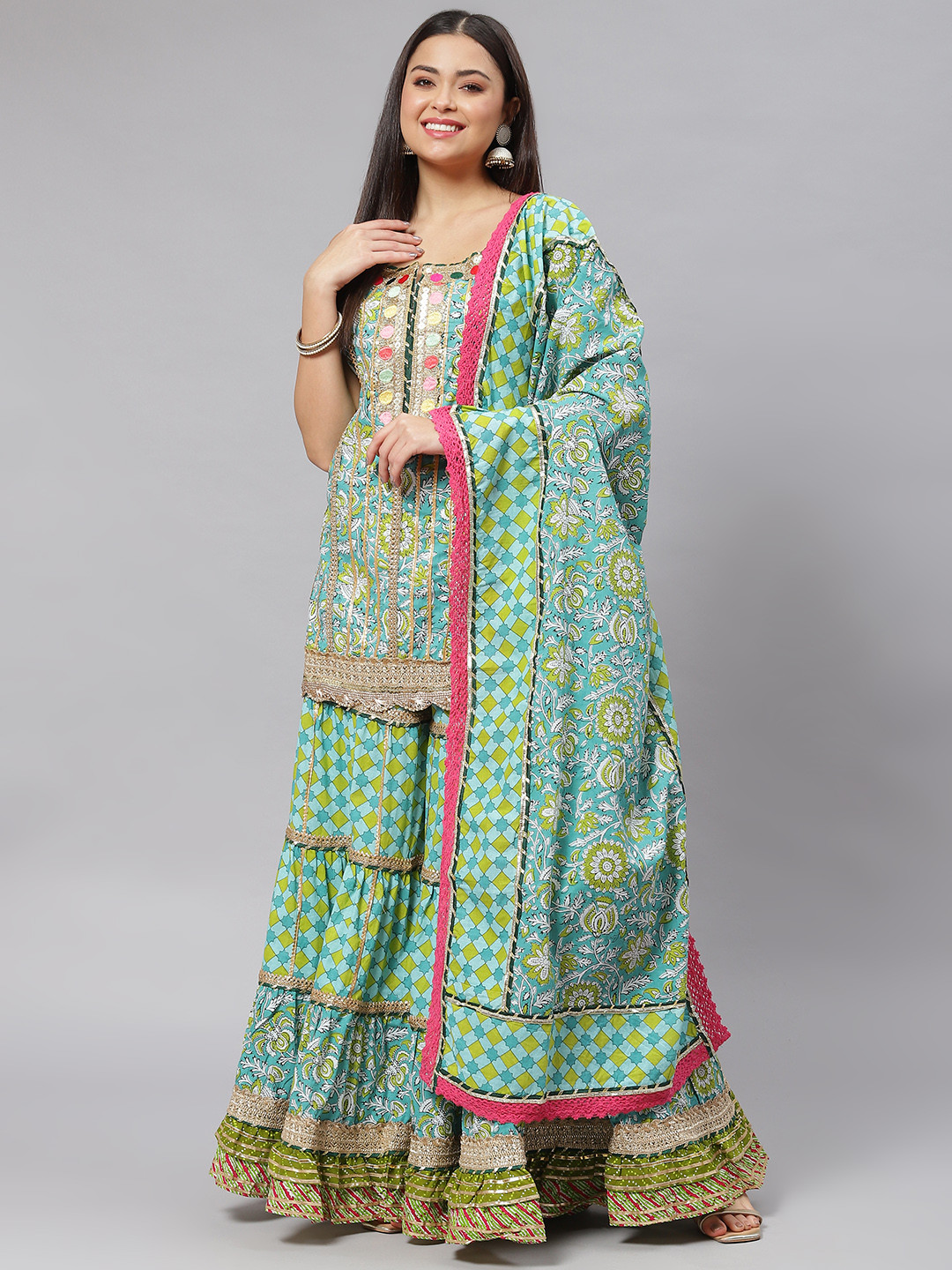 

mokshi Women Green Printed Pure Cotton Kurti with Sharara & Dupatta