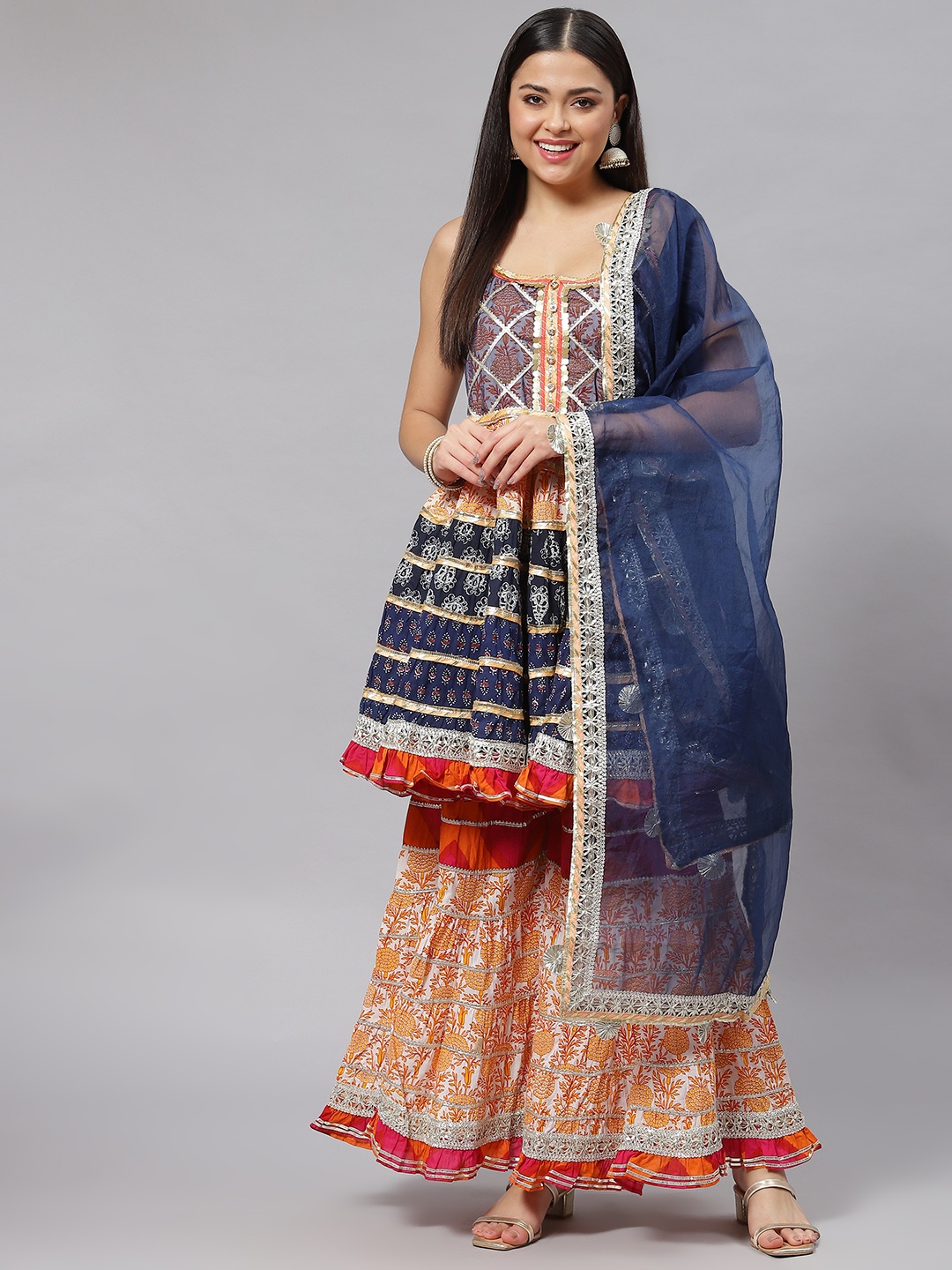 

mokshi Women Multicoloured Printed Pure Cotton Kurti with Sharara & Dupatta, Multi