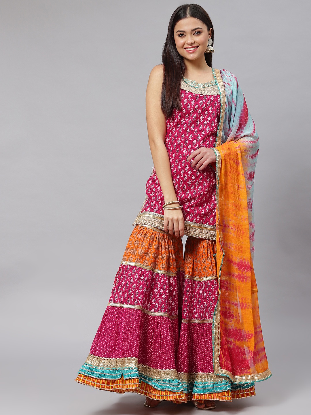 

mokshi Women Pink Ethnic Motifs Gotta Patti Pure Cotton Kurti with Sharara & With Dupatta