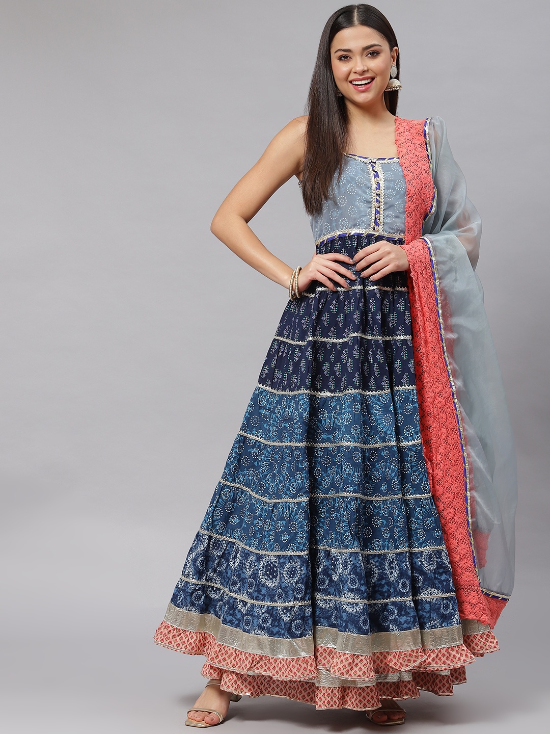 

mokshi Women Blue Ethnic Motifs Pleated Gotta Patti Pure Cotton Kurta with Sharara & With Dupatta