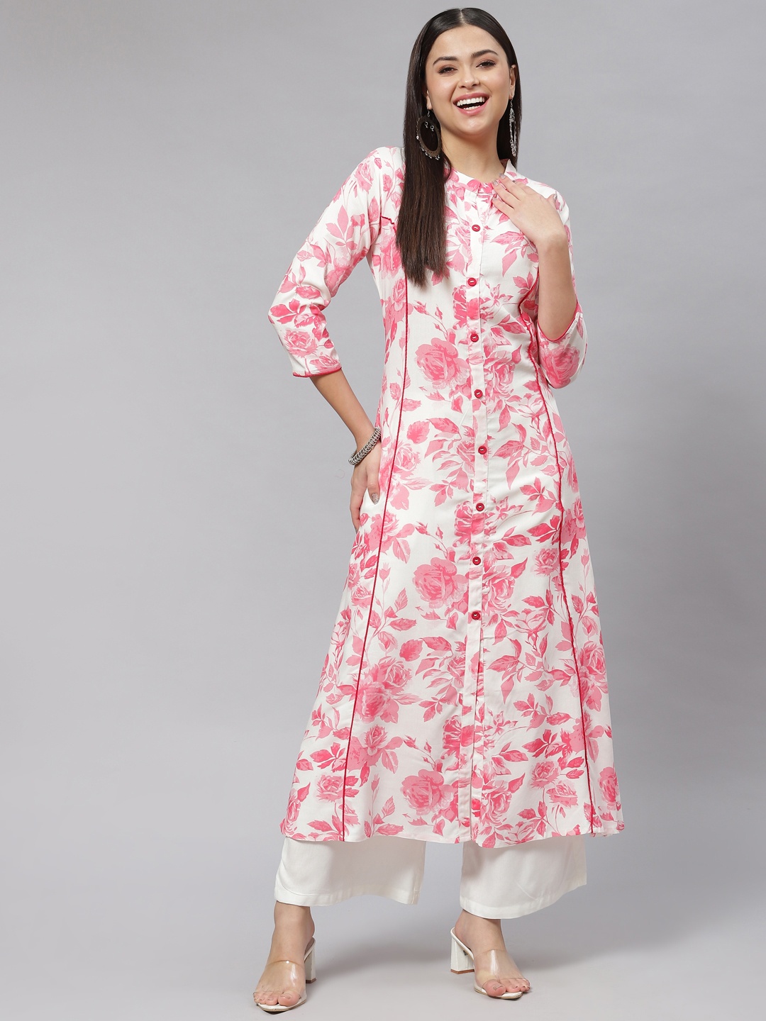 

mokshi Women Pink & White Floral Print A-Line Kurta