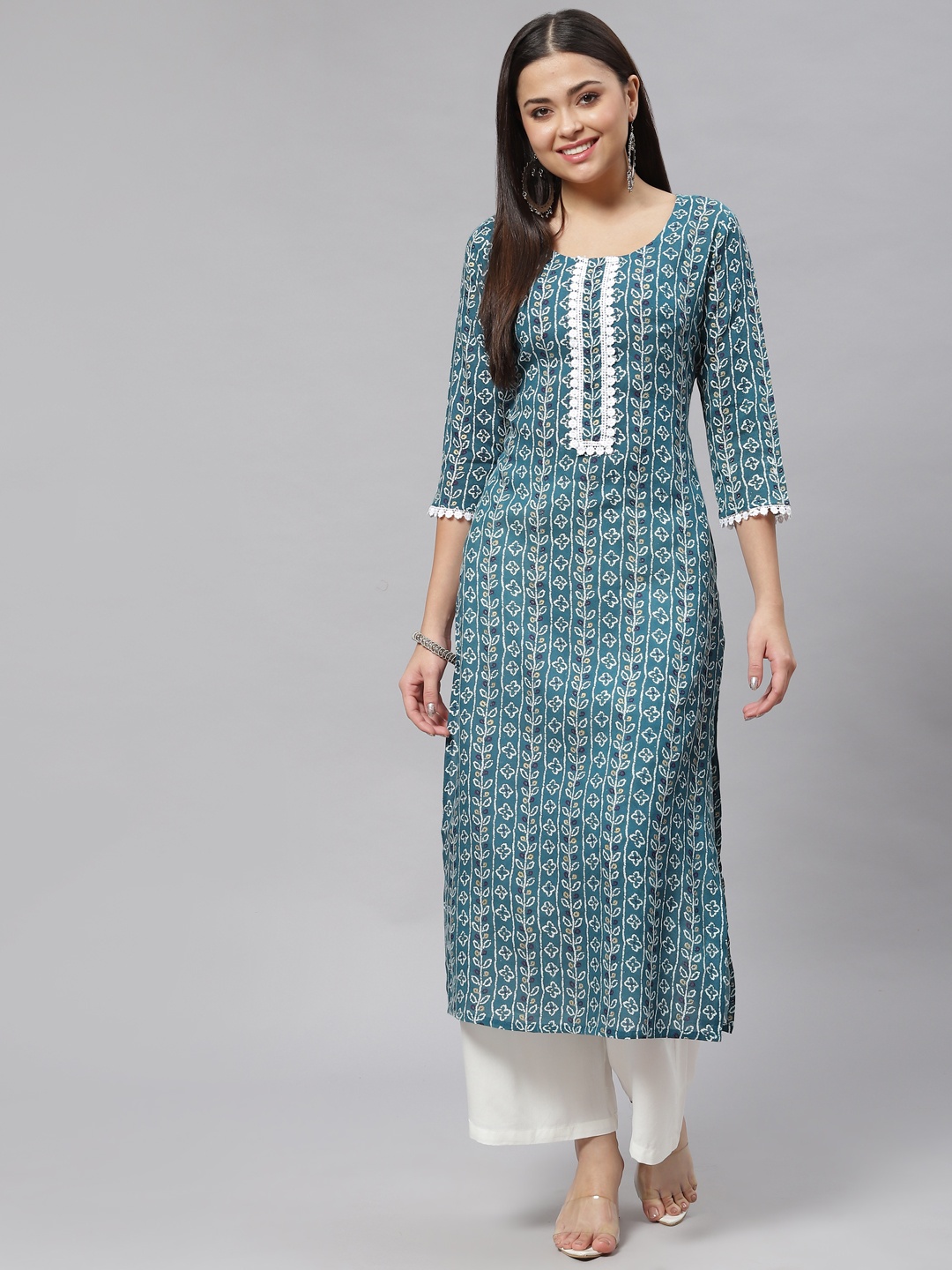 

mokshi Women Teal Green & Off White Floral Print Straight Kurta