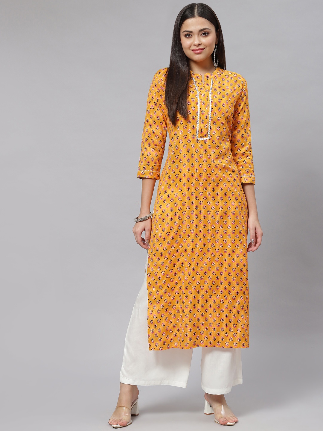 

mokshi Women Mustard Yellow & Pink Floral Print Straight Kurta