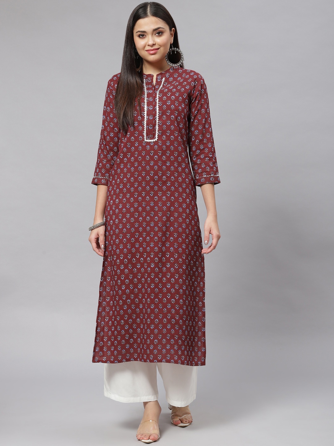 

mokshi Women Maroon & Blue Floral Print Straight Kurta
