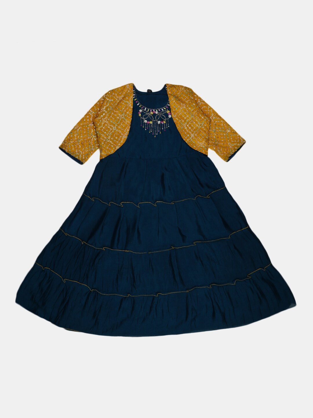 

V-Mart Girls Blue & Yellow Floral Embroidered Cotton A-Line Dress
